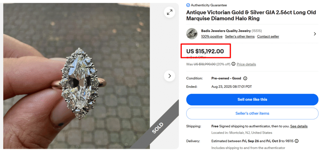 Gold & Silver Old Marquise Diamond Halo Ring
