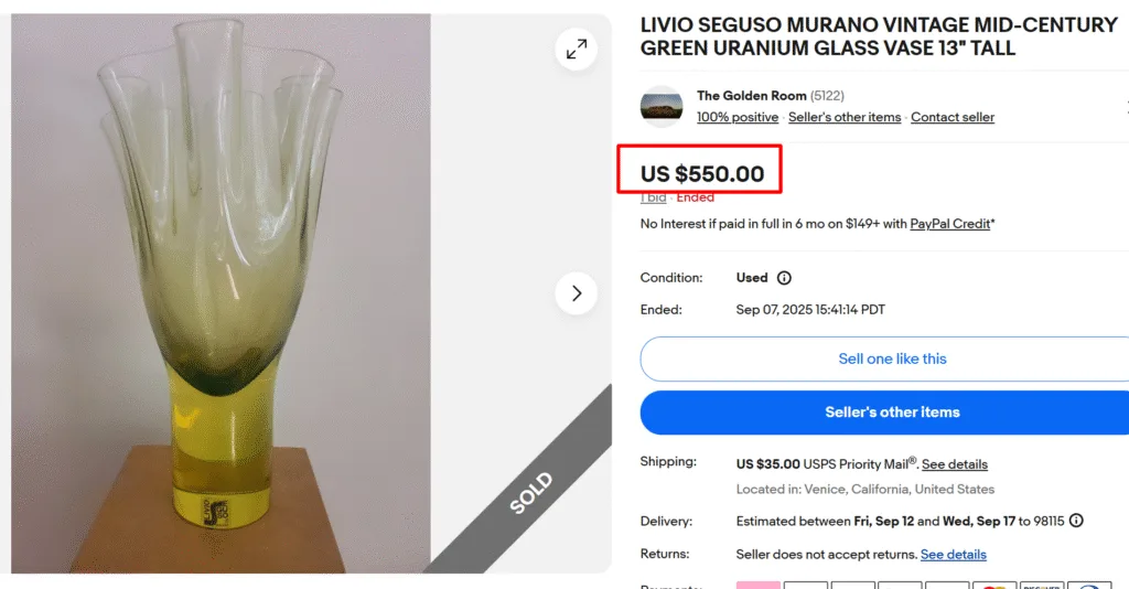 Livio Seguso Murano Uranium Glass Vase