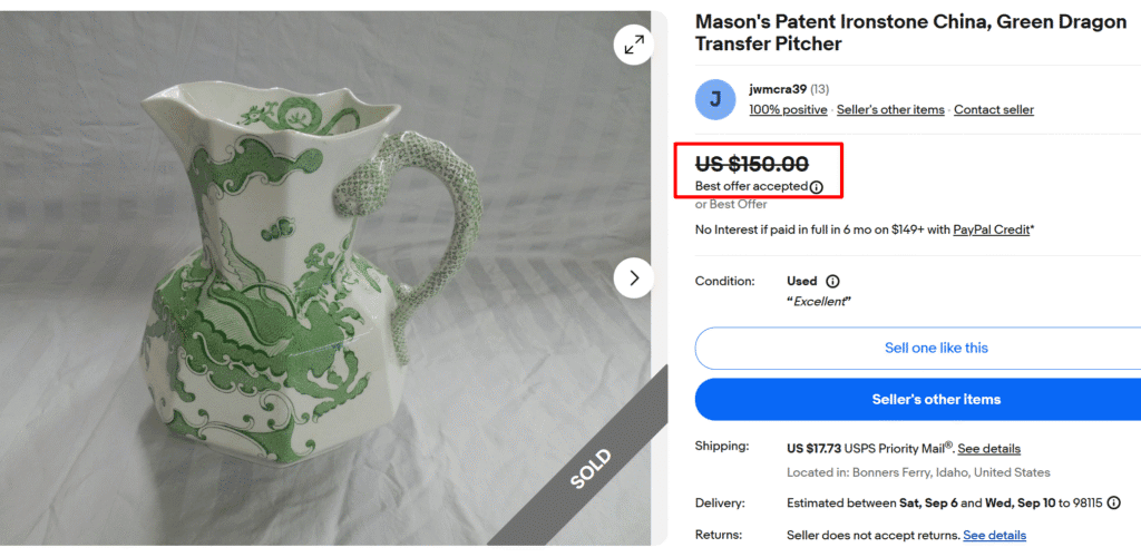 Mason's Patent Ironstone Green Dragon Transfer Pitcher