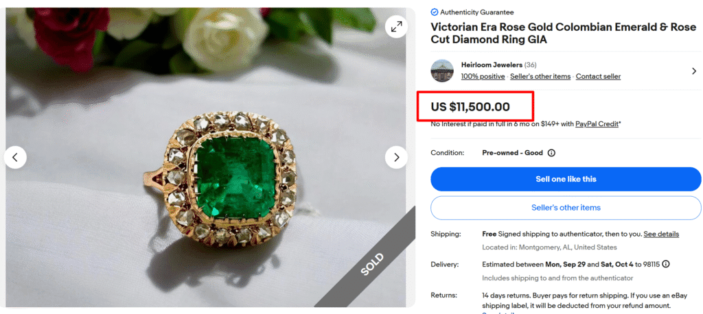 Rose Gold Colombian Emerald Rose Cut Diamond Ring
