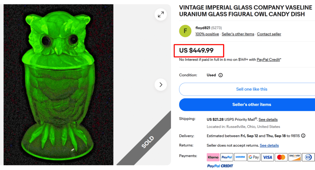 Uranium Glass Owl Candy Dish by Imperial Glass Company
