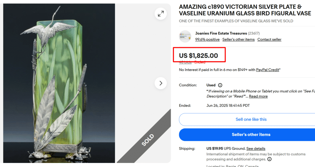 Victorian Silver Plate Uranium Glass Bird Figurial Vase (1890)