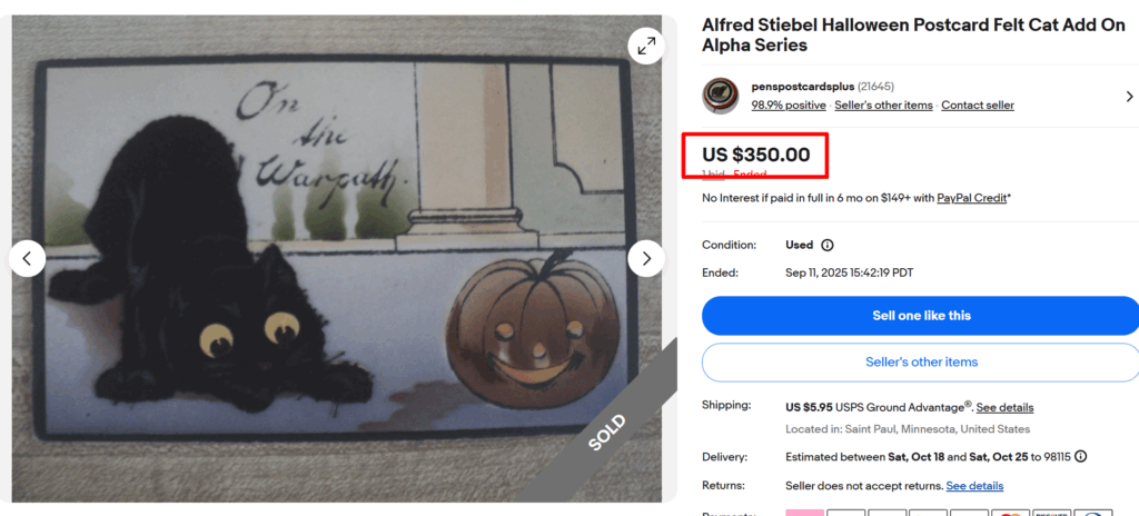 Alfred Stiebel Felt Cat Add On Halloween Post Card