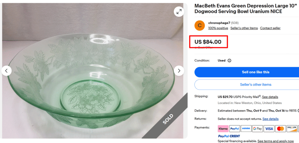 Dogwood Uranium Glass Serving Bowl by MacBeth Evans