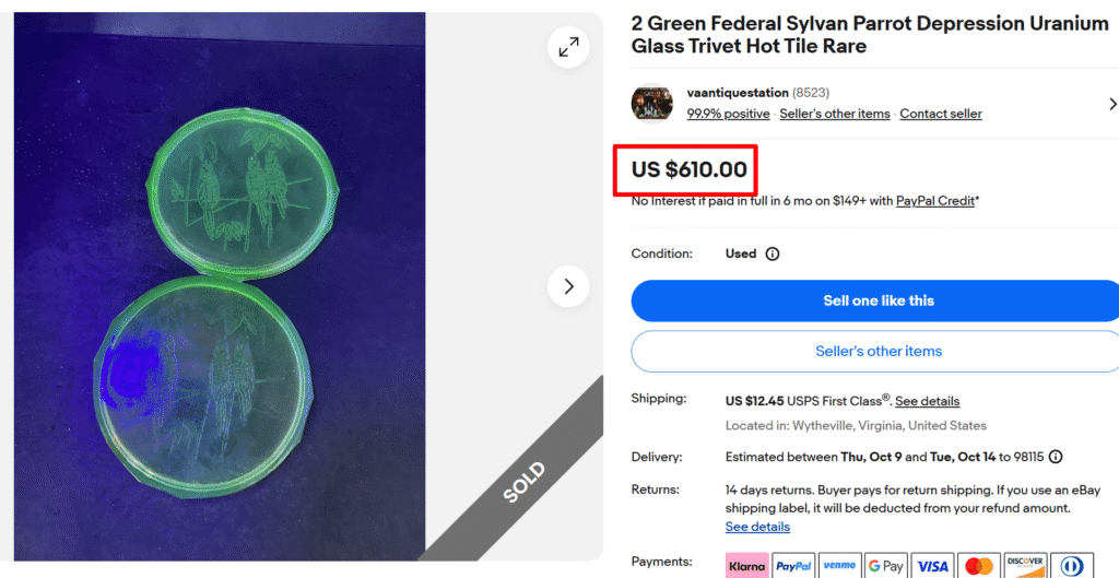 Federal Sylvan Parrot Green Depression Glass Tiles