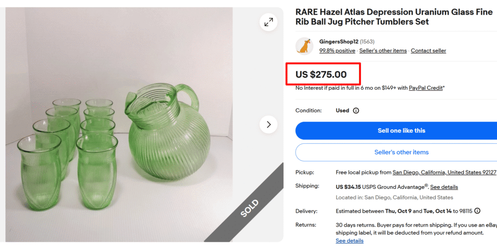 Hazel Atlas Ribbed Green Depression Glass Pitcher Set