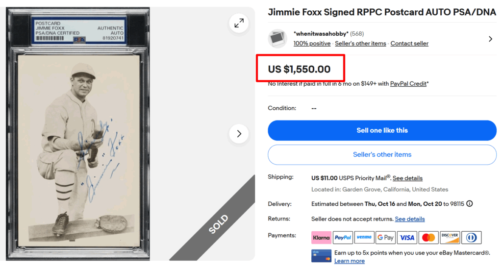 Jimmie Foxx Signed RPPC Post Card