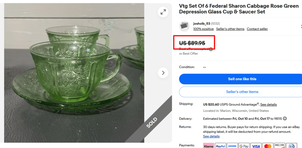 Sharon Cabbage Rose Uranium Glass Cups by Federal