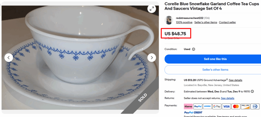 Corelle Blue Snowflake Garland Tea Cups