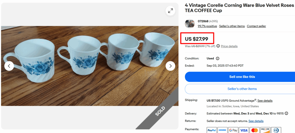 Corelle Blue Velvet Roses Tea Cups