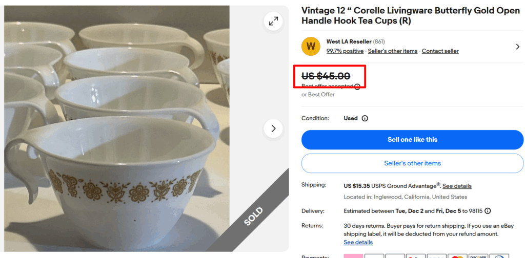 Corelle Butterfly Gold Open Handle Tea Cups