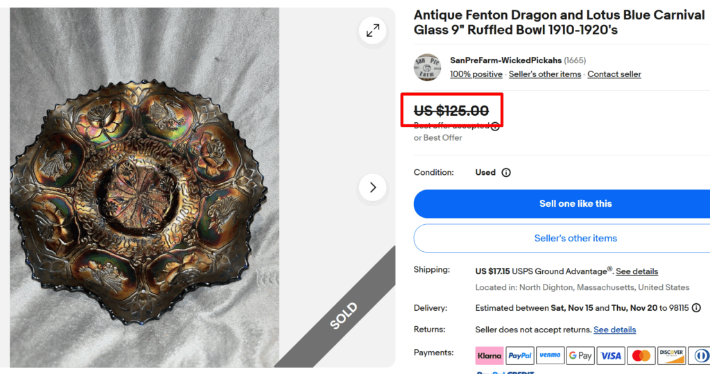 Fenton Dragon and Lotus Blue Glass Bowl