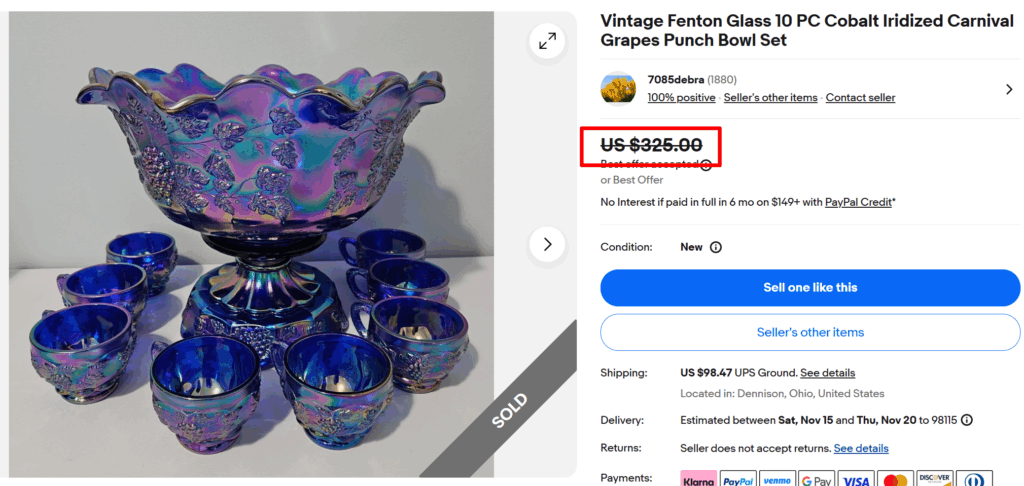 Fenton Grapes Cobalt Blue Carnival Glass Punch Bowl Set
