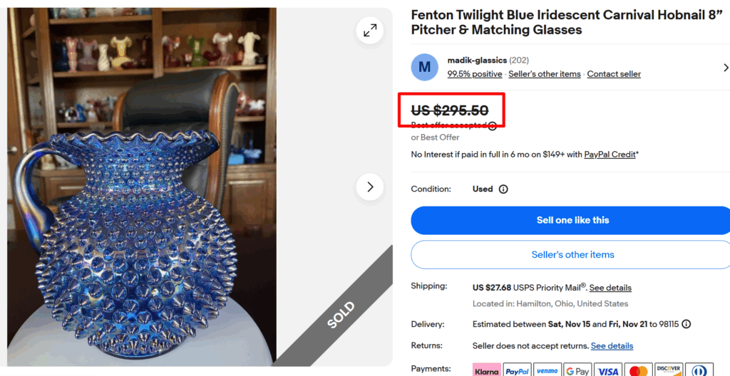 Fenton Hobnail Twilight Blue Carnival Glass Pitcher Set