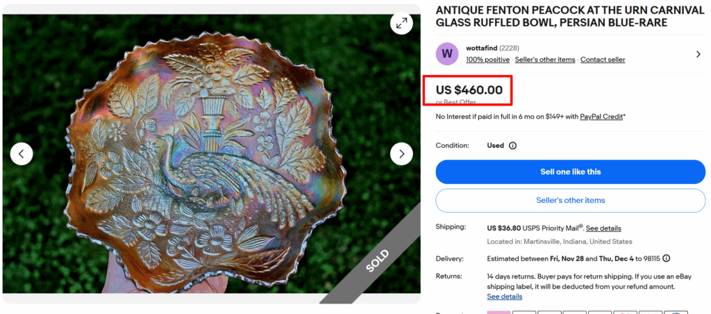 Fenton Persian Blue Peacock at the Urn Glass Bowl