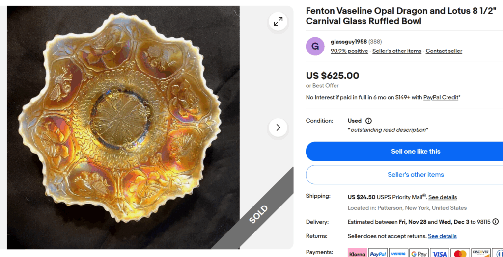 Fenton Vaseline Opal Dragon and Lotus Glass Bowl