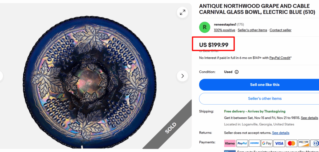 Northwood Grape and Cable Blue Carnival Glass Bowl