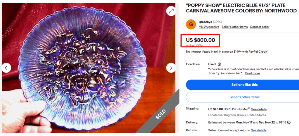 Northwood Poppy Show Blue Carnival Glass Plate