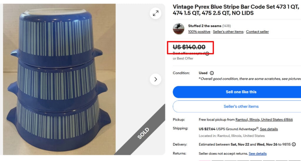 Pyrex Blue Stripe Barcode Dishes