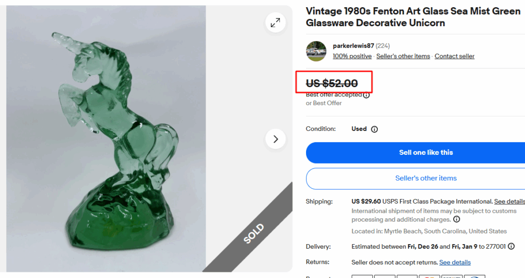 Fenton Art Glass Sea Mist Green Decorative Unicorn