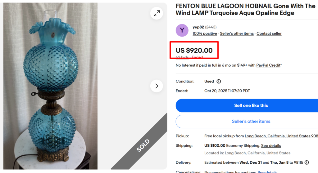 Fenton Blue Lagoon Hobnail Gone with the Wind Lamp