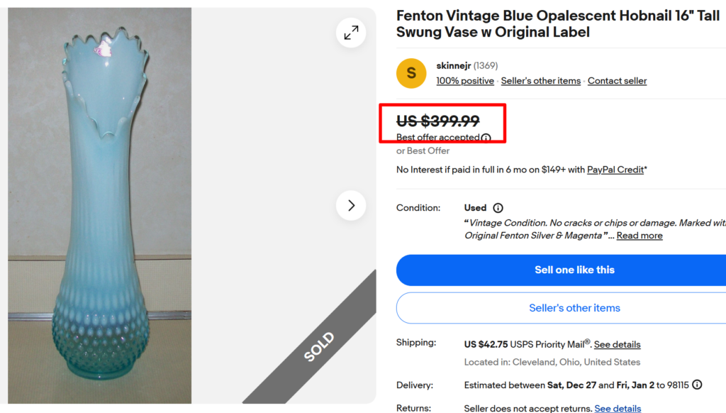 Fenton Blue Milk Glass Hobnail Swung Vase