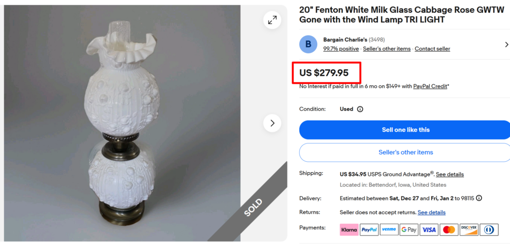 Fenton Cabbage Rose Gone With The Wind Lamp