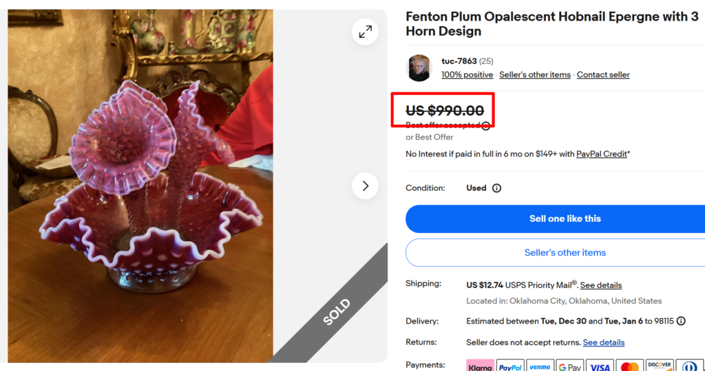 Fenton Plum Opalescent Hobnail Epergne
