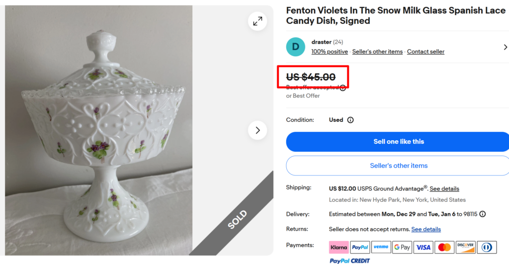 Fenton Violets in the Snow (Spanish Lace) Candy Dish