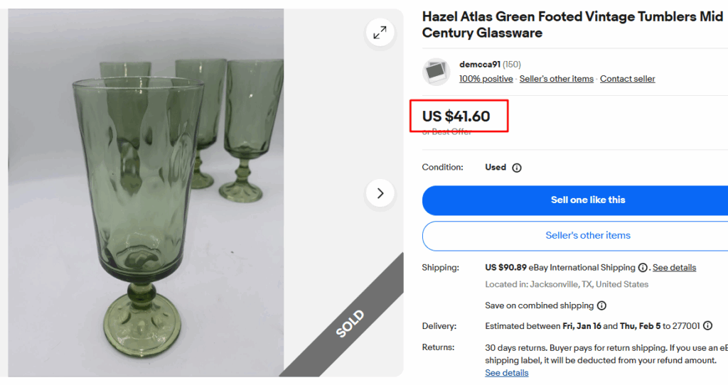 Hazel Atlas Green Footed Glasses