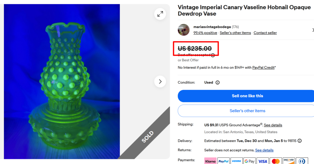 Imperial Glass Canary Vaseline Hobnail Dewdrop Vase