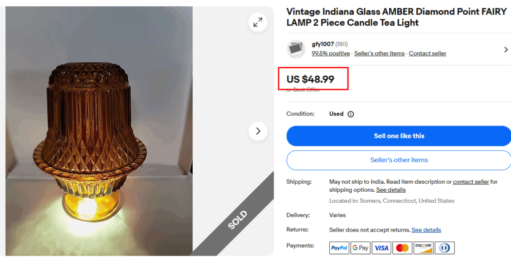Indiana Glass AMBER Diamond Point Fairy Lamp