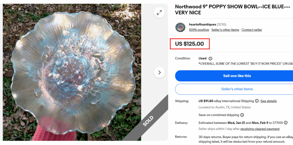 Poppy Show Ice Blue Carnival Glass Bowl