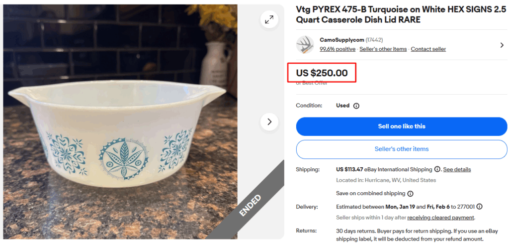 Pyrex Turquoise on White Hex Sign Dish