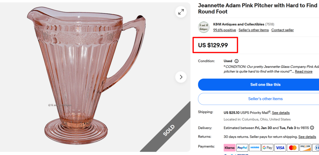 Jeannette Adam Pink Depression Glass Pitcher