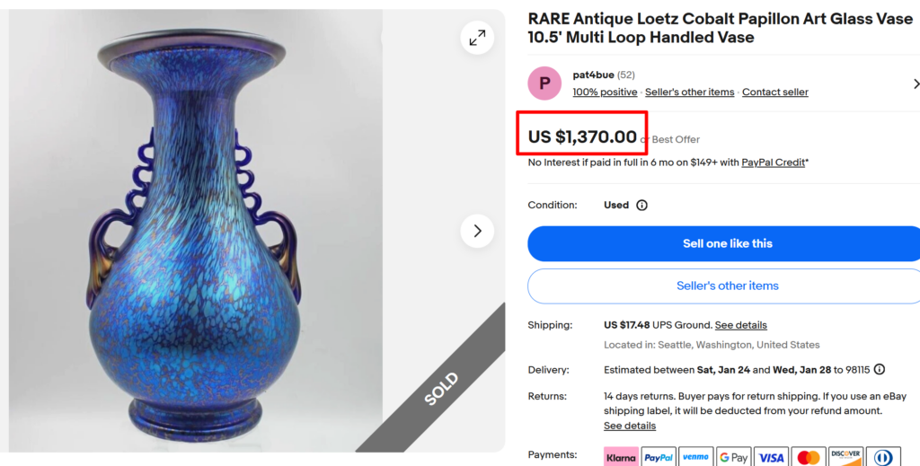 Loetz Cobalt Papillon Art Glass Handled Vase