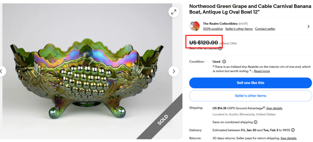 Northwood Grape & Cable Carnival Glass Banana Boat