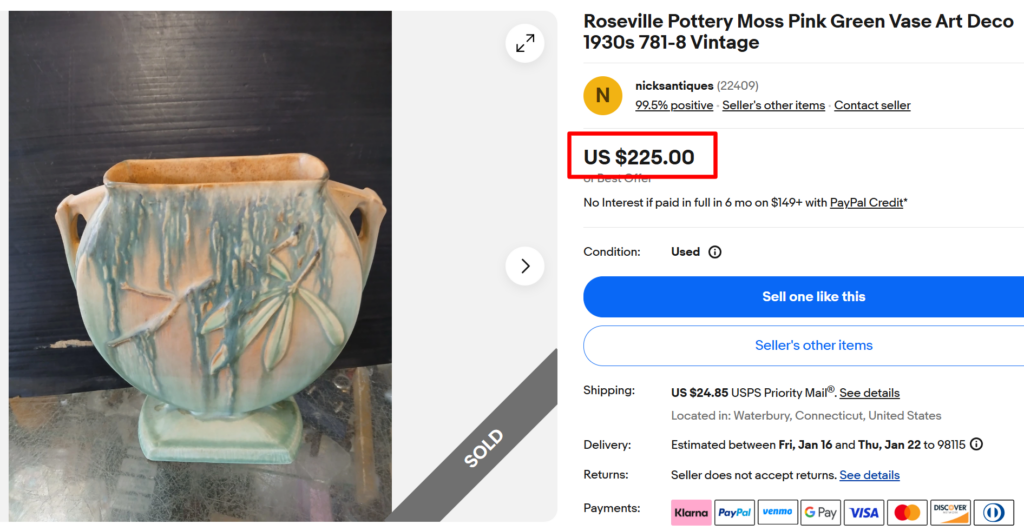 Roseville Moss Pink Green Art Deco Vase