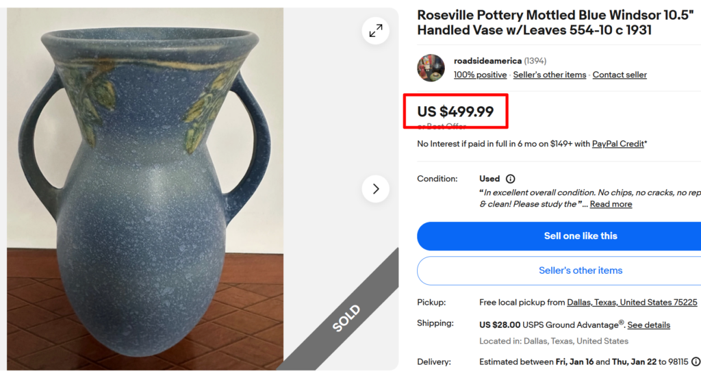 Roseville Mottled Blue Windsor Handled Vase