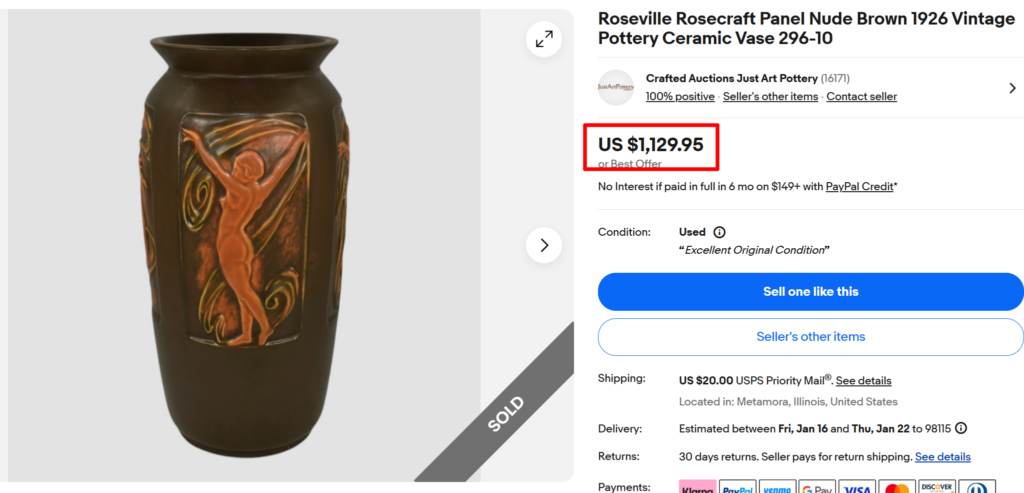 Roseville Rosecraft Panel Nude Brown Vase