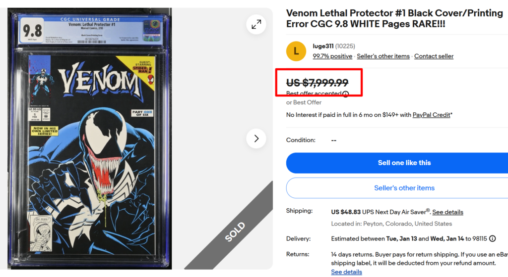 Venom Lethal Protector #1 Printing Error Comic
