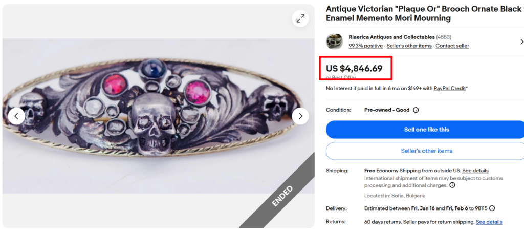 Victorian Black Enamel Memento Mori Brooch