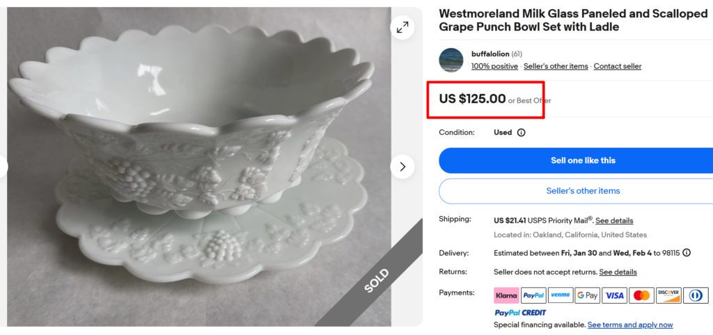 Westmoreland Paneled Grape Milk Glass Punch Bowl Set