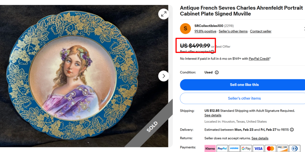 Antique French Sevres Charles Ahrenfeldt Portrait Plate