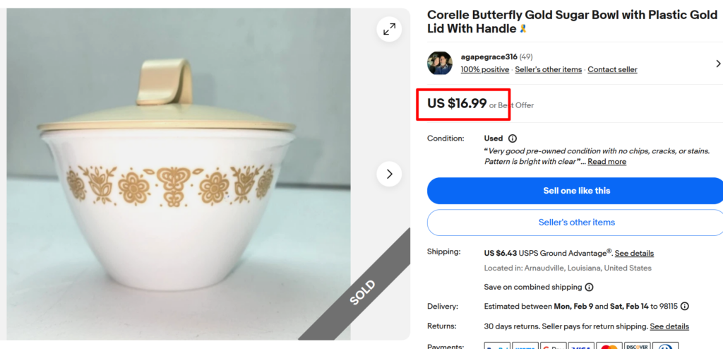Corelle Butterfly Gold Sugar Bowl