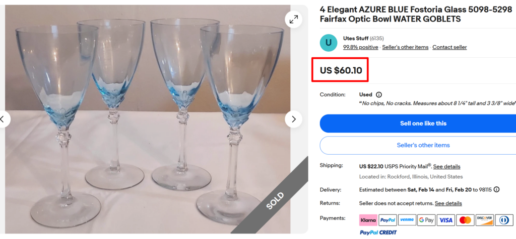 Fostoria Azure Blue Fairfax Goblets