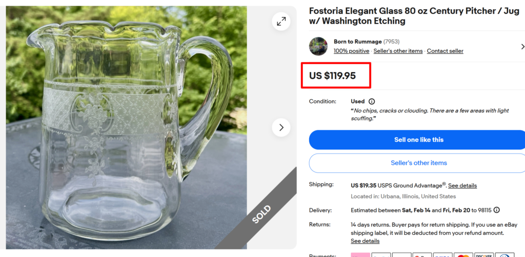 Fostoria Century Pitcher Washington Etching
