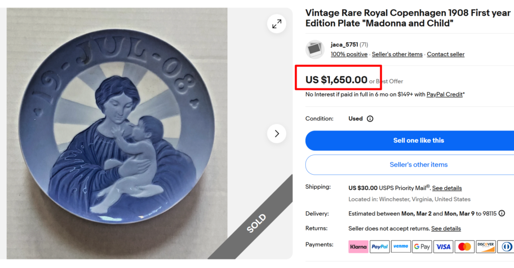 Royal Copenhagen 1908 &ldquo;Madonna & Child&rdquo; First Year Edition Plate