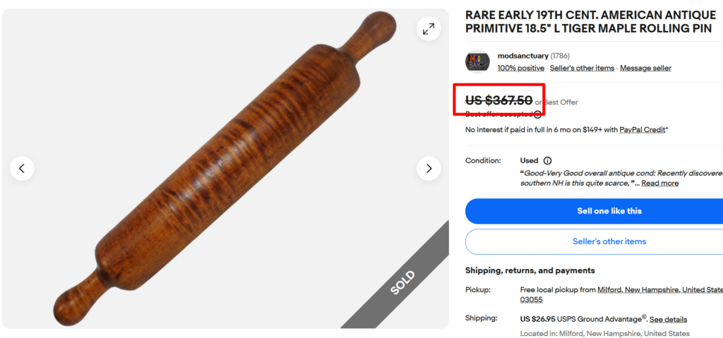 19th Century Tiger Maple Rolling Pin