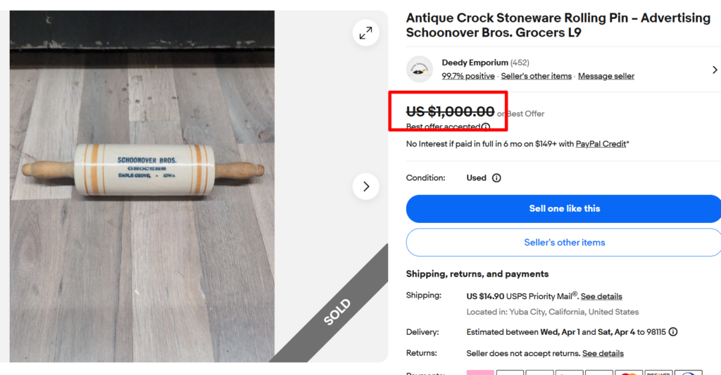 Antique Crock Stoneware Schoonover Bros Grocers Rolling Pin